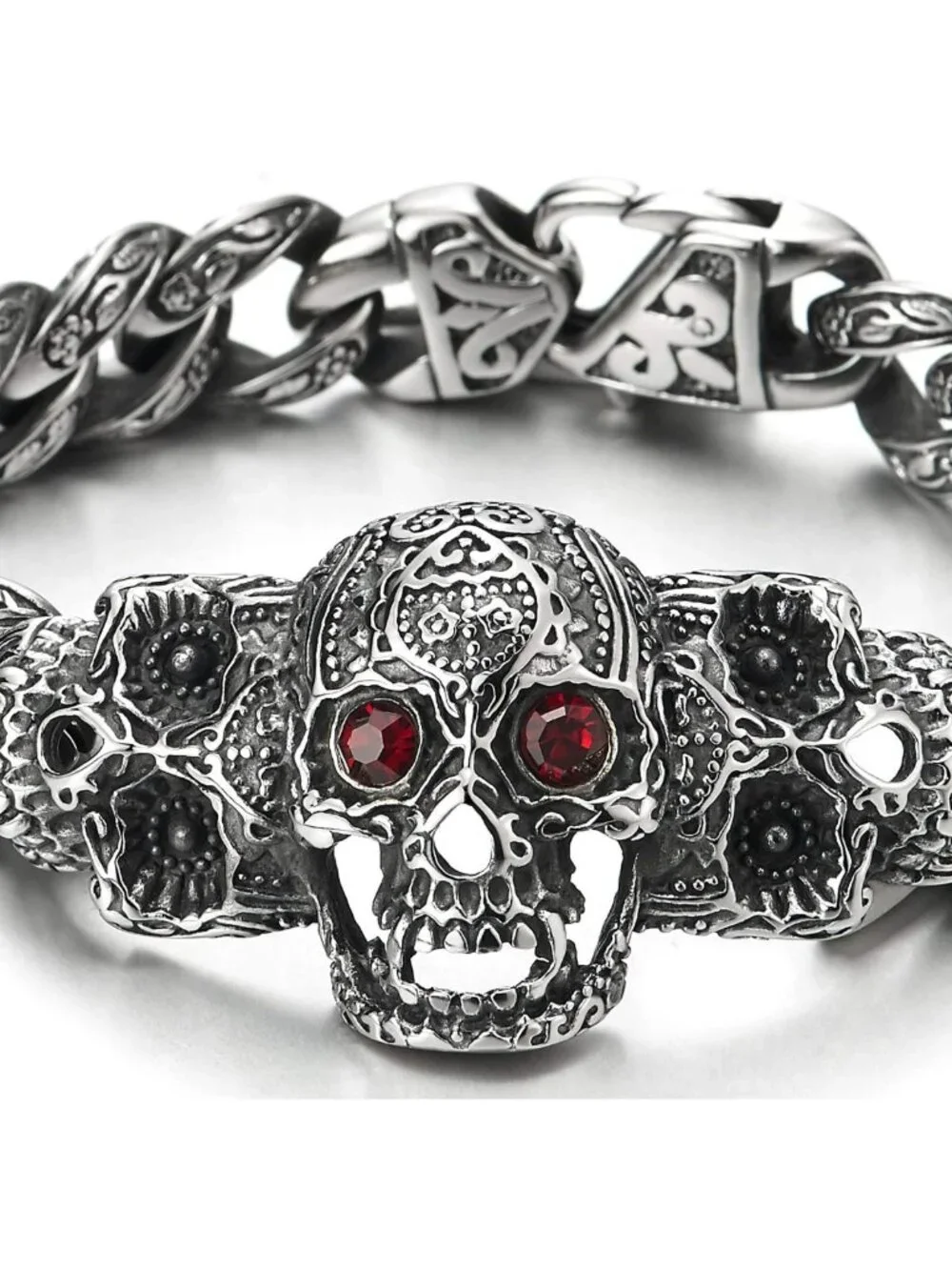 Men's Vintage Sugar Skull Charm Bracelet - Steel Curb Chain with CZ Eyes